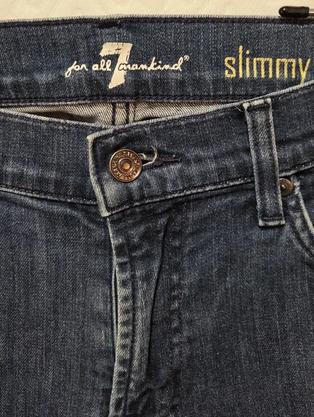 7 for All Mankind Jeans Slimmy Washed  Blue Denim Jeans, Tapered Legs, 34x32